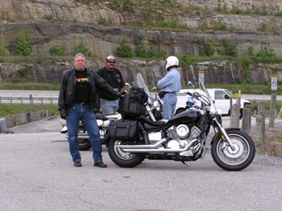 Dan, his V-Star 1100 Custom (with Dave and Tom) at rest stop between Seneca Rocks WV and New River Gorge WV